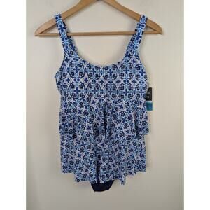 Swim Solutions Size 12 High Low Double Tier Fauxkini Blue And White Nwt
